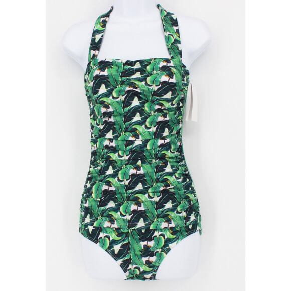 Swimsuit Vintage Style One Piece Halter with Green/Black Palm Print Size Small - Picture 1 of 9
